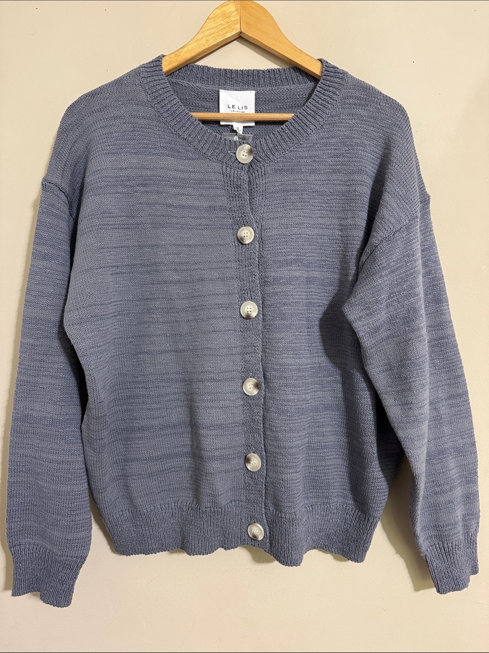 NWT Le Lis Button Front Knit Cardigan Heather Gray Blue S Casual Staple Cottage
